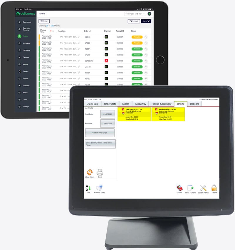 Deliverect Delivery Manager app on a tablet and OrderMate WaiterMate on a POS terminal