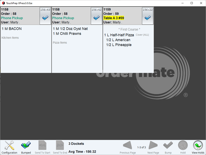 OrderMate KTS screen showing the incoming orders in the restaurant