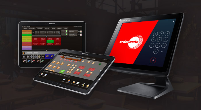 OrderMate software shown on tablets and a POS terminal