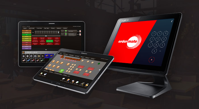 OrderMate software shown on tablets and a POS terminal 