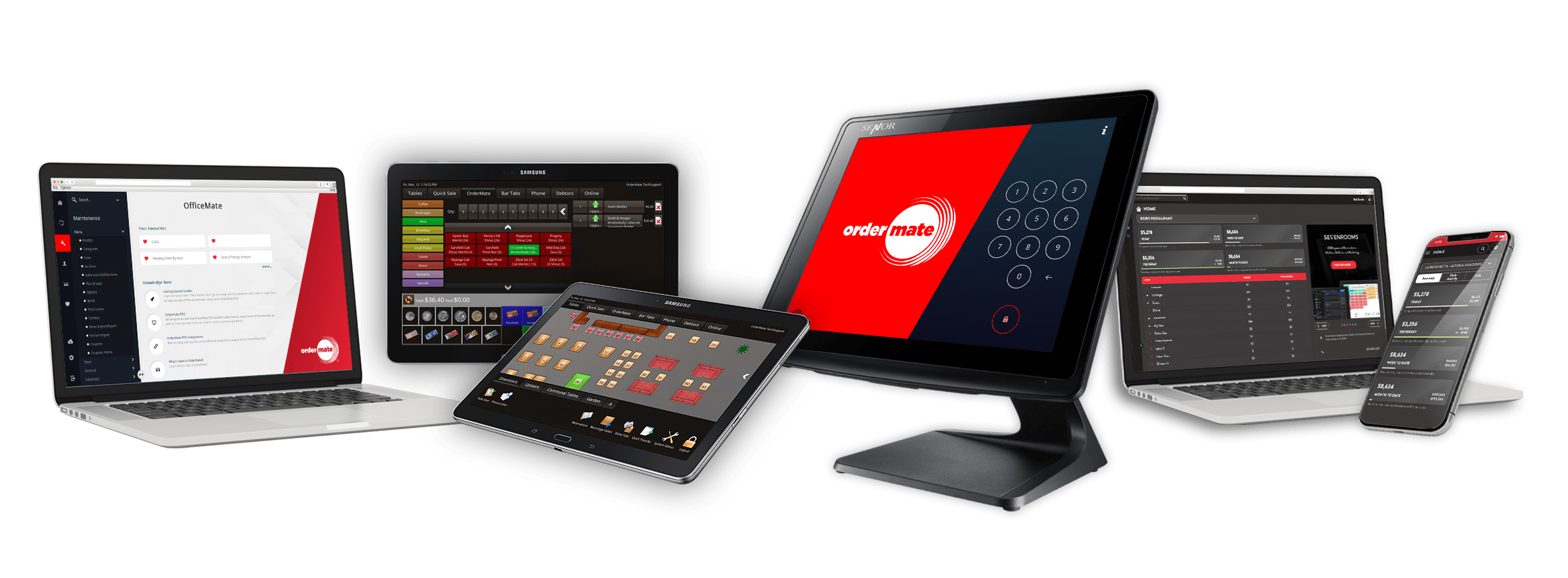 OrderMate POS devices. OfficeMate on a laptop, WaiterMate on tablets and a terminal, OrderMate portal on laptop and iPhone