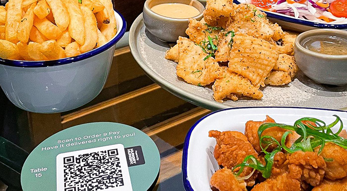 Food and QR code displayed on restaurant table 