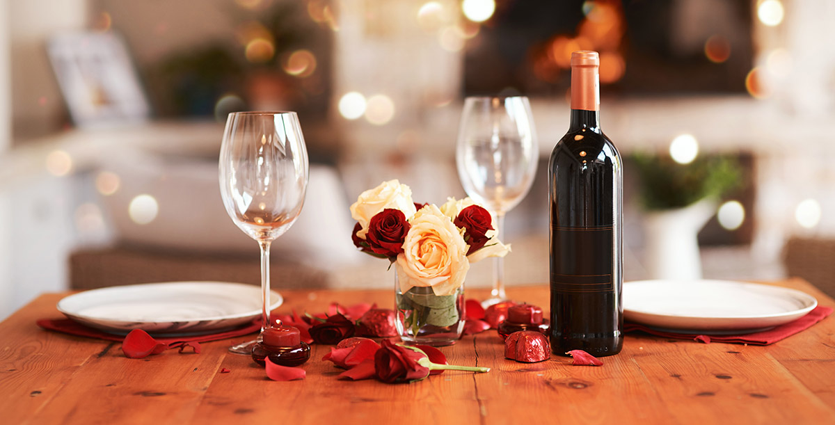 Valentines Day restaurant table with wine